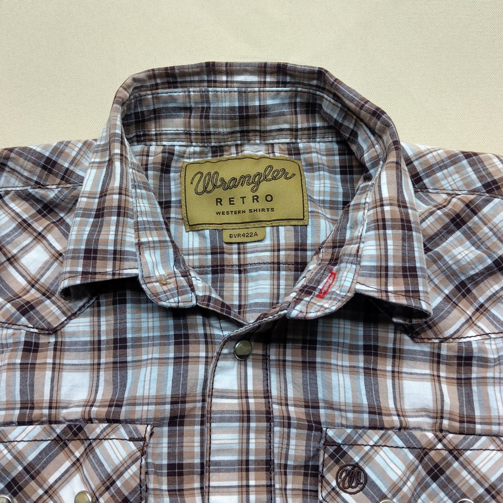 Wrangler Retro Western Shirt Boys Large 10-12 Brown Plaid Pearl Snap BVR422A